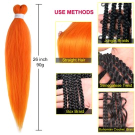 Leeven Pre stretched Braiding Hair 26 Inch 2 Pack orange braiding hair pre stretched Itch Free Synthetic Fiber Crochet Twist Braids Yaki texture Braiding Hair Extensions(Orange#)