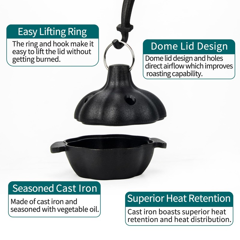 IPROUDER Cast Iron Garlic Roaster with Handle, Smoker Roaster, Garlic