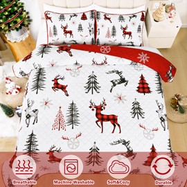 Likiyol 3 Piece Christmas Quilts Queen Size Christmas Tree Reversible Bedding Sets Elk Buffalo Plaid Bedspread Coverlet with 2 Shams, Microfiber Comforter Set for Christmas Decor (90'' x 90'')