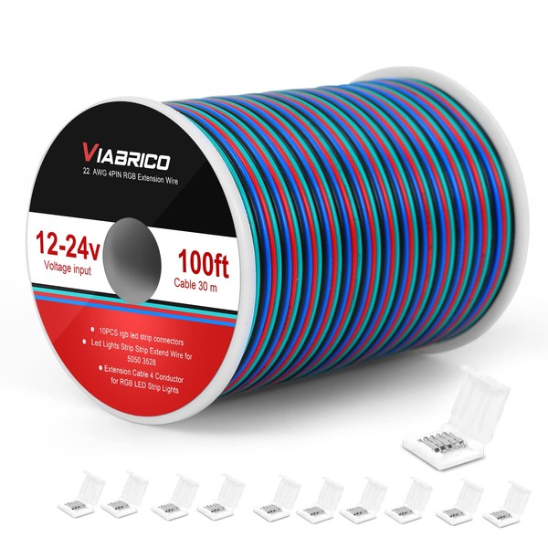 VIABRICO 100ft 22AWG 4pin RGB Wire Extension Cable, with Spool and 8pcs RGB Led Strip Connectors, for Led Lights Wires Strip Extend 5050 3528…