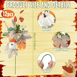 Thiccywoov 12 Pcs Pcs 20 Inch Fall Decorations Artificial Fall Flower Decor Maple Leaf Pumpkin Autumn Floral Picks Berry Stems Fake Flower Centerpieces for Table Thanksgiving Home Decor (Maple Leaves)