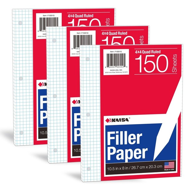 KAISA Loose Leaf Paper Filler Paper, 8"x10.5" Graph Ruled/Quad Rule