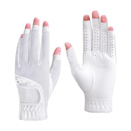 1 Pair Golf Gloves Women Fingerless Breathable Mesh UV Protection Anti-Slip Left & Right Hand Golfing Gloves Lightweight Driving Sports Gloves (White, Large)