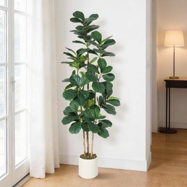 Faux Fiddle Leaf Fig Tree 7 FT, Artificial Tree with Lifelike Trunk & Glossy Leaves, Bendable Boughs for Custom Look, Zero Maintenance Fake Plant in White Planter for Home Office Decor
