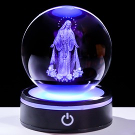 Arikyrist 3D Crystal Virgin Mary Statue Figurine with Colorful LED Base,Glass Sphere Statue, 3D Crystal Ball Mother Mary Christian Catholic Religious Easter Gifts
