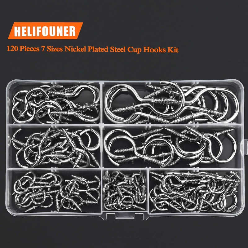 HELIFOUNER 120 Pieces 7 Sizes Cup Screw Hooks, Silver, Screw-in