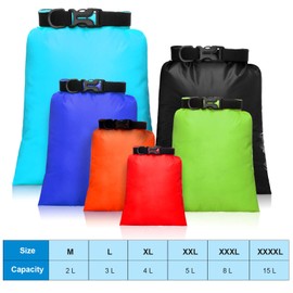 Set de Bolsa Seca Impermeable Bolsas Estancas Livianas de 15 L+ 8 L +5 L+4 L+3 L+ 2 L y 2 Correas de Hombro Ajustable Larga para Kayak, Rafting, Canotaje, Senderismo, Camping (Colorido, 6)