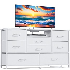 Furnulem White Dresser for Bedroom, Wide Chest of Drawers with Power Outlet for 55" TV Stand Entertainment Center, Deep 8 Drawers for Storage in Living Room,Entryway,Hallway,Closet(White)