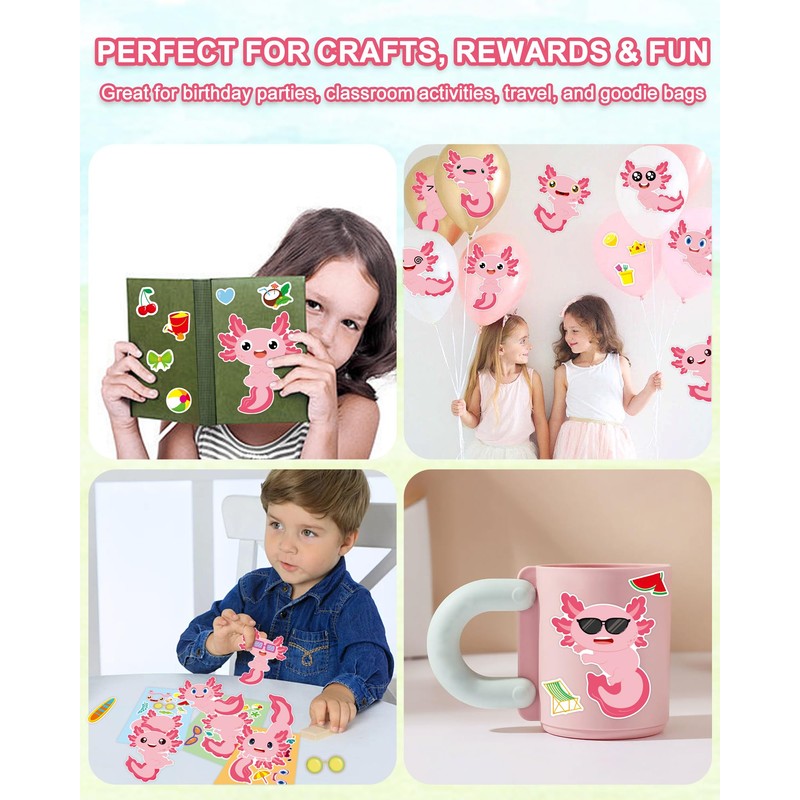Aowplc 32 Sheets Axolotl Make-a-Face Stickers Mix 'n Match Crafts