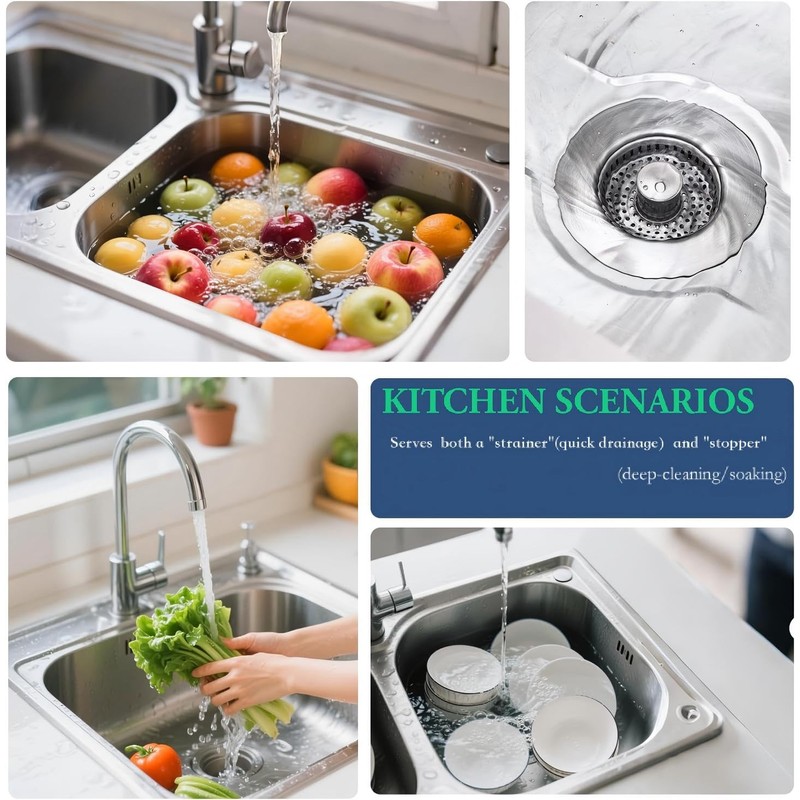 2 Pack 3 in 1 Kitchen Sink Drain Strainer &