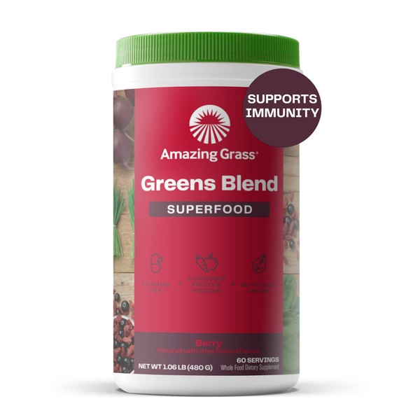 Amazing Grass Greens Blend Superfood: Super Greens Powder Smoothie Mix with Organic Spirulina, Chlorella, Beet Root Powder, Digestive Enzymes & Probiotics, Berry, 60 Servings (Packaging May Vary)