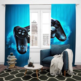 Loussiesd Children's Boys Opaque Curtains Gamepad Print Curtains Blue Game Theme Window Curtain Video Game Action Buttons 137 x 117 cm for Teenagers Microfibre Curtains Decor 2 Panels