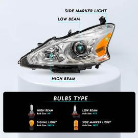 TUSDAR Headlight Assembly Compatible with 2013 2014 2015 Nissan Altima 4-Door Sedan Halogen Headlamps 13 14 15 Altima 4Dr Chrome Housing Amber Reflector Driver Passenger Side Bulbs Included
