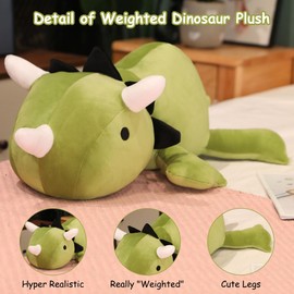 SQEQE Weighted Dinosaur Plush, Anxiety Weighted Stuffed Animals, Weighted Dinosaur Plushie Weighted Dino Throw Pillows for Kids Adults Green 13.8 Inch, 1.6 lbs