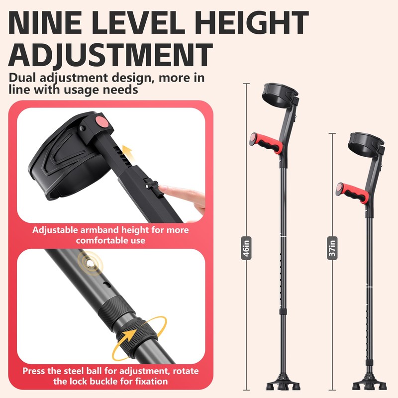 Foldable Forearm Crutches for Adults Ergonomic Handgrips Quad Base