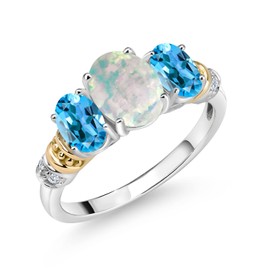 925 Sterling Silver and 10K Yellow Gold Oval White Opal Swiss Blue Topaz and White Diamond 3 Stone Ring For Women (2.13 Cttw, Gemstone October Birthstone, Available In Size 5, 6, 7, 8, 9)