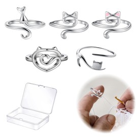 Kotkiddy Metal Crochet Ring Pack of 5 Adjustable Hooks Knitted Crochet Loop Accessories Crochet Knitting Thimble Thread Guide Ring Finger Holder DIY Knitting Craft Cat Ears