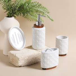 RQYIXI Bathroom Accessories Set 4 Pcs Toothbrush Holder Soap Dispenser Ceramic and Wood Bathroom Decor Set Contain Toothbrush Cup Soap Dish Tumbler White