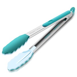 600℉ Heat Resistant Kitchen Tongs for Cooking with Silicone Tips,12-Inch Stainless Steel Locking Cooking Tongs Food Tongs for BBQ,Cooking,Salad and Serving Food,Heavy Duty,Non-Stick (Turquoise)