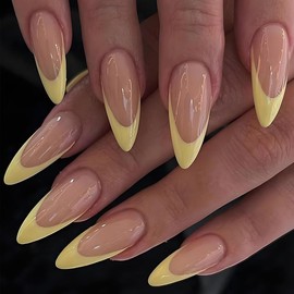 French Tip False Nails - Yellow Press on Nails Almond - Long Stiletto Acrylic Nails - Summer Nails Full Cover Fake Nails with Glue - Stick on nails for Women Girls