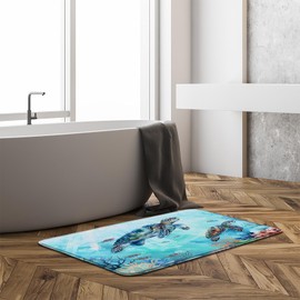 Turtle Bath Mat Blue Green Ocean Animal Sea Turtle Colorful Coral Vintage Nautical 17.8"x29.5" Print Microfiber Memory Foam Bathroom Decor Mat/Rug