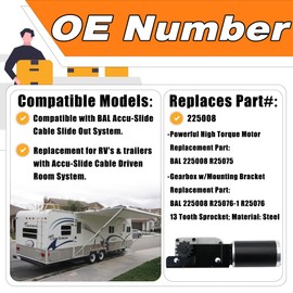 R25075 RV Slide Out Motor with R25076-1 Gearbox High Output Motor 13 Tooth Sprocket for BAL Accu-Slide Cable Slide Out System Compatible with RV Trailer Replace ‎225008