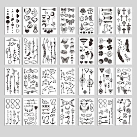 Oottati 28 Sheets 100+ pcs Minimalism Line Art Small Black Temporary Tattoo, Heart Arrow Butterfly Cross Feather Key Suit for Finger Hand Neck Face