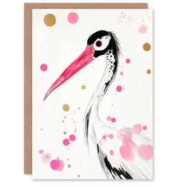 Artery8 Greeting Card Oriental Stork Pink Gold Black Bird Painting For Her Woman Baby Shower Card
