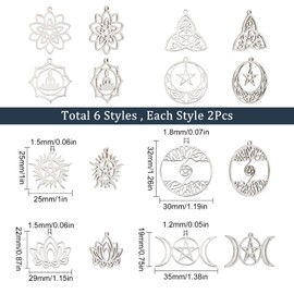 SUNNYCLUE 1 Box 16 Pieces 8 Style Tarot Style Lotus Flower Charms Stainless Steel Triple Goddess Moon Pendant Charm Sun Star Chakra Charms for Jewellery Making Charms Earrings Necklace DIY Craft