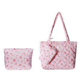 Floral Quilted Cotton Shoulder Bag Set 3-in-1 Handbag with Matching Mini Pouch Cosmetic Bag Large Capacity Tote A053 (Pink)