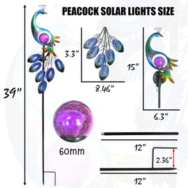 Qobumy 39 Inch Metal Peacock Solar Lights Garden Stake for Outdoor Decorative with Crackle Glass Ball Waterproof Solar Light,Landscape LED Path Lights for Yard Garden Lawn Outside Decoration（Purple）