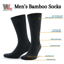 Wonky Line Men's Bamboo Socks, 6 pairs pack, seamless, soft, breathable, comfortable dress socks, Black, Grey, Navy Colours UK size 6-11 (UK, Alpha, One Size, Regular, Regular, Mix-5 6 pairs)