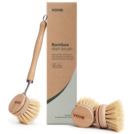 Vove Bamboo Dish Brush with 3 Replacement Heads, Plastic-Free Kitchen Scrub Brush for Pots Pans and Dishes, FSC-Certified Bamboo Handle with Natural F