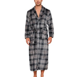 ENJOYNIGHT Men's Fluffy Fleece Dressing Gown Cuddly Soft Sauna Gown Sleepwear, Grey Checked