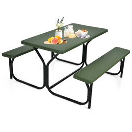ORALNER Picnic Table, Resin Dining Table & 2 Benches Set, Weather Resistant Wood Grain Plastic Tabletop & Steel Frame, Picnic Tables for Outdoors, Porch Yard Patio Lawn Party Camping (Green)