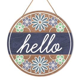 Floral Welcome Sign Front Door Decor, Spring Summer Hello Door Decorations Hanging Farmhouse Wall Sign Decor for Porch, Home, Housewarming Gift for New House Home Apartment, Round Hello Door Sign