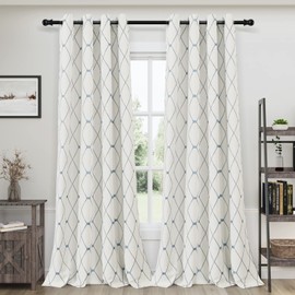 Joywell Linen Textured Living Room Curtains 96 inches Long Embroidered Farmhouse Window Curtain Neutral Grommet Curtain 2 Panels Thick Cotton Curtains Blue Checkered Pattern 8ft Tall