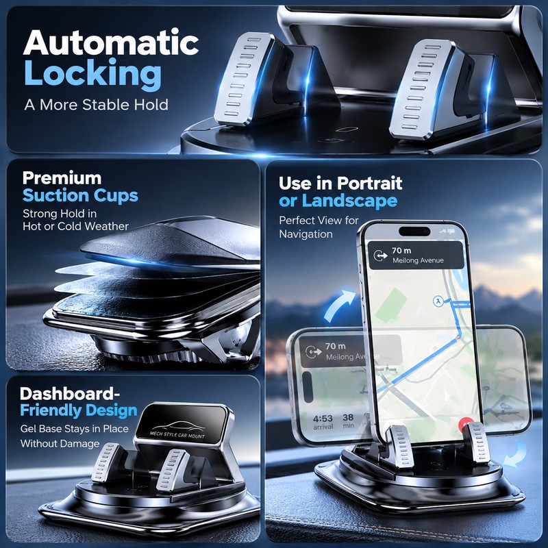 Car Phone Mount for Dashboard Navigation – 360° Rotating Anti-Slip