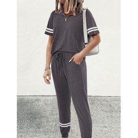 MASCOMODA Womens Two Piece Outfits 2025 Summer Short Sleeve Quarter Zip Pullover Tops Jogger Pants Tracksuit Loungewear Set(Dark Grey,Large)