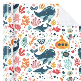 WRAPAHOLIC Ocean Wrapping Paper Roll - Mini Roll - 17 Inch x 9.8 Feet - Whales Dolphins Coralline Design for Boys Girls Kids Birthday, Baby Shower