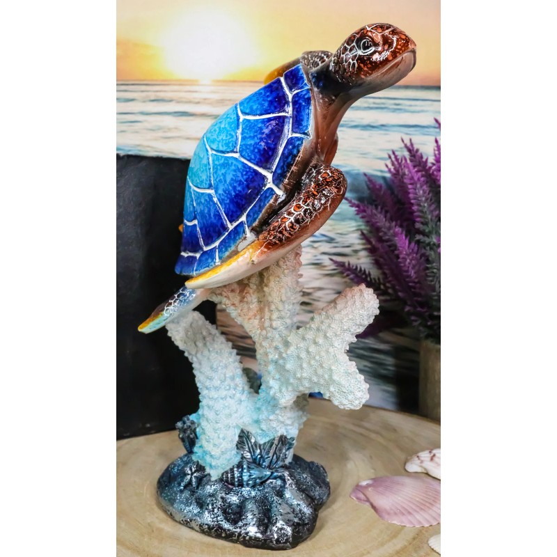 Nautical Ocean Blue Giant Sea Turtle Swimming By White Corals