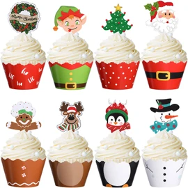 Blulu 96 piezas decoraciones de fiesta de Navidad para cupcakes de Navidad, envoltorios de Papá Noel, muñeco de nieve, reno, elfo, pingüino, árbol de Navidad, corona de pan de jengibre, mano,