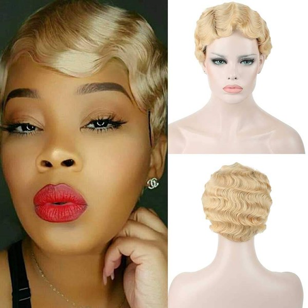 DIFEI 15 Colors Women Black Blonde Golden Brown Pink Blue Wine Red Short Finger Wave Curly Wigs Nuna Wigs Janet Collection (Golden)