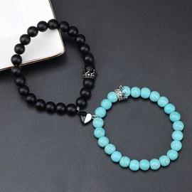 free-space Crown Couple Love Heart Magnetic Bead Bracelets with Heart Attraction Bell Mutual Bracelets Couple Gifts for Boyfriend Girlfriend His Hers Women Men Friendship (Black-Blue)