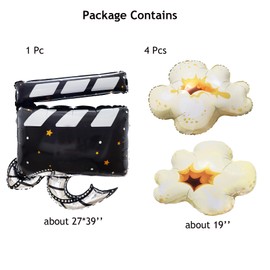 5 Pcs Movie Party Balloons Popcorn Clapperboard Foil Balloons for Movie Theater Film Theme Birthday Party Hollywood Movie Night Carnival Party Decoration Supplies