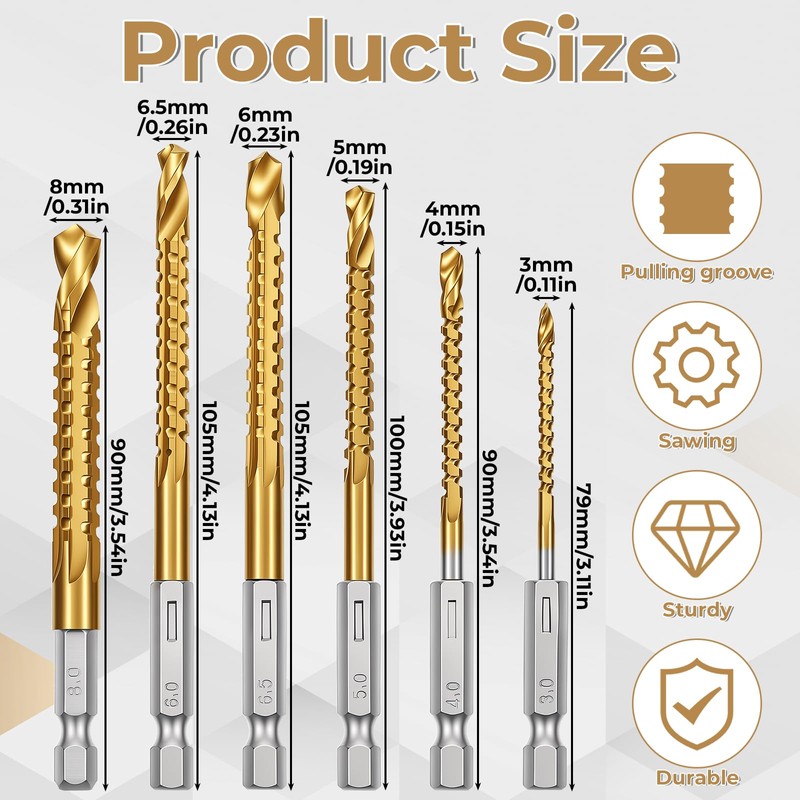 Titanium Drill Bit Set, 6 Pcs 3-8mm Titanium Coated HSS