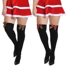 Yilanmy Overknees Stockings with Bow Women's Large Sizes 2 Pairs Christmas Knee Socks Women's Carnival Costume Accessory Christmas Socks, black