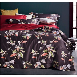 Eikei Vintage Botanical Flower Print Bedding 400tc Cotton Sateen Romantic Floral Scarf Duvet Cover 3pc Set Colorful Antique Drawing of Summer Lilies Daisy Blossoms (Fig, Queen)