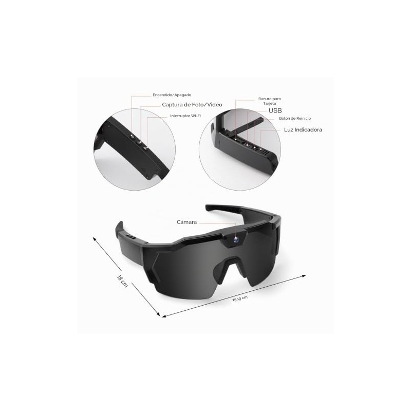 Gafas con Cámara Inteligente, Cámara Deportiva HD 1080P de 12
