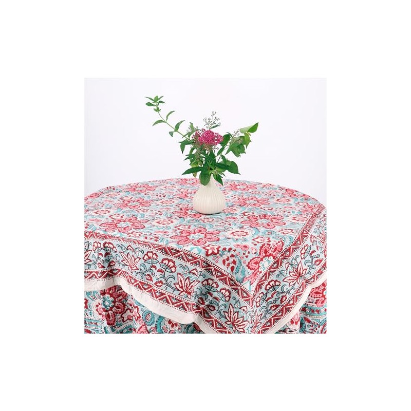 GURU SHOP Square Tablecloth, Handmade, Block Print Tablecloth - Red/Aqua,